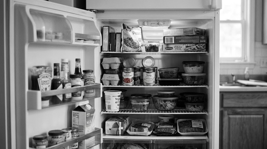 Black and white open fridge with forgotten food